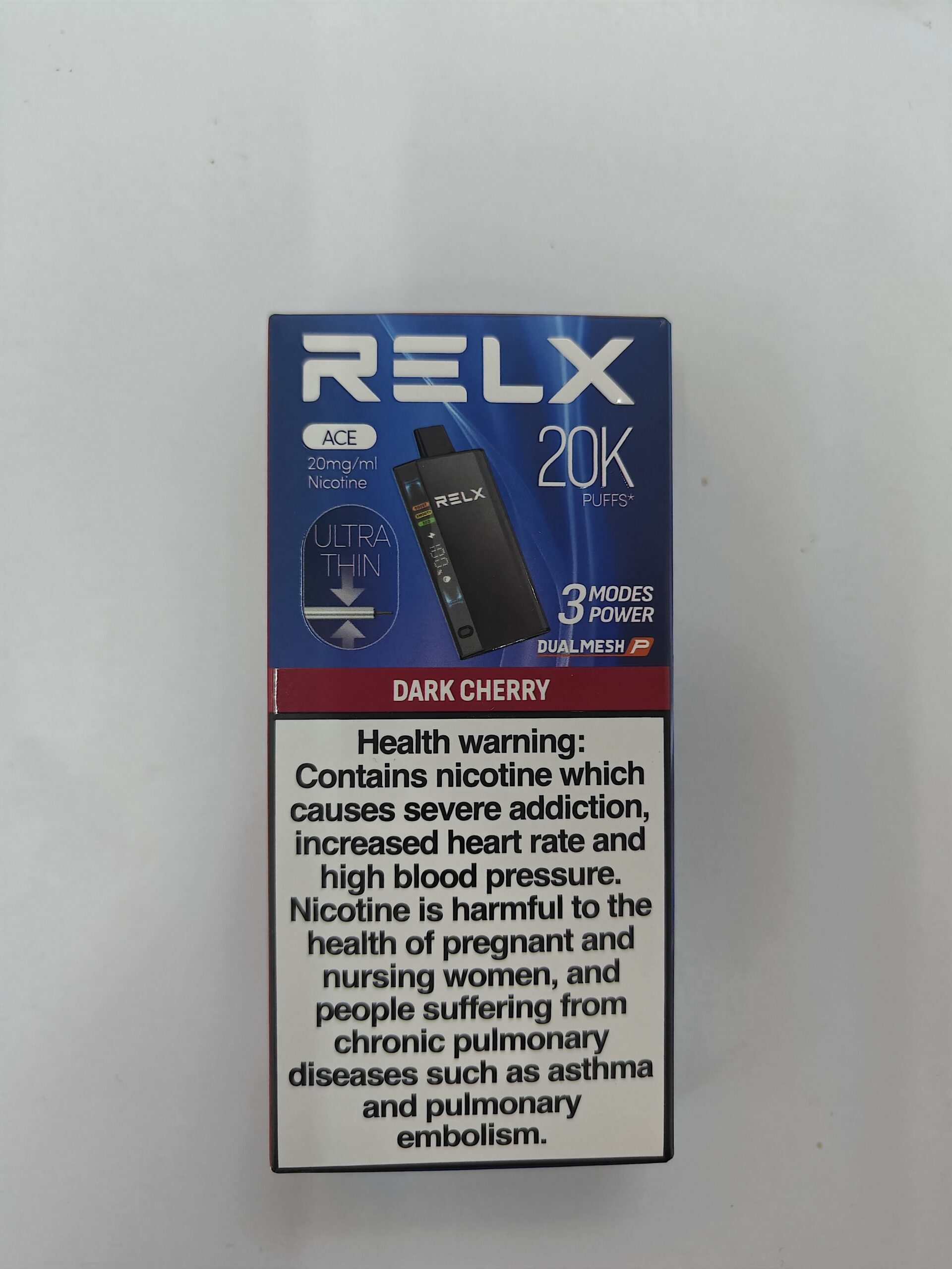 RELX Ace 20K disposable vape packaging in Dark Cherry flavor.