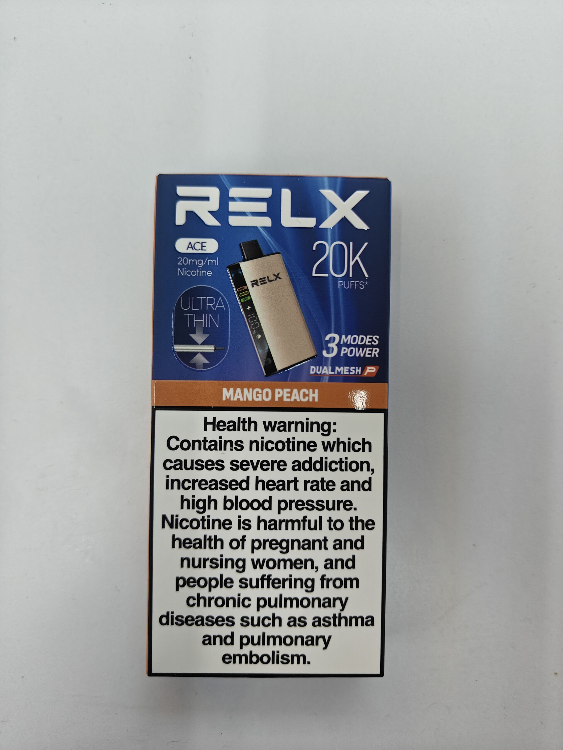 RELX Ace 20K disposable vape packaging in Mango Peach flavor.