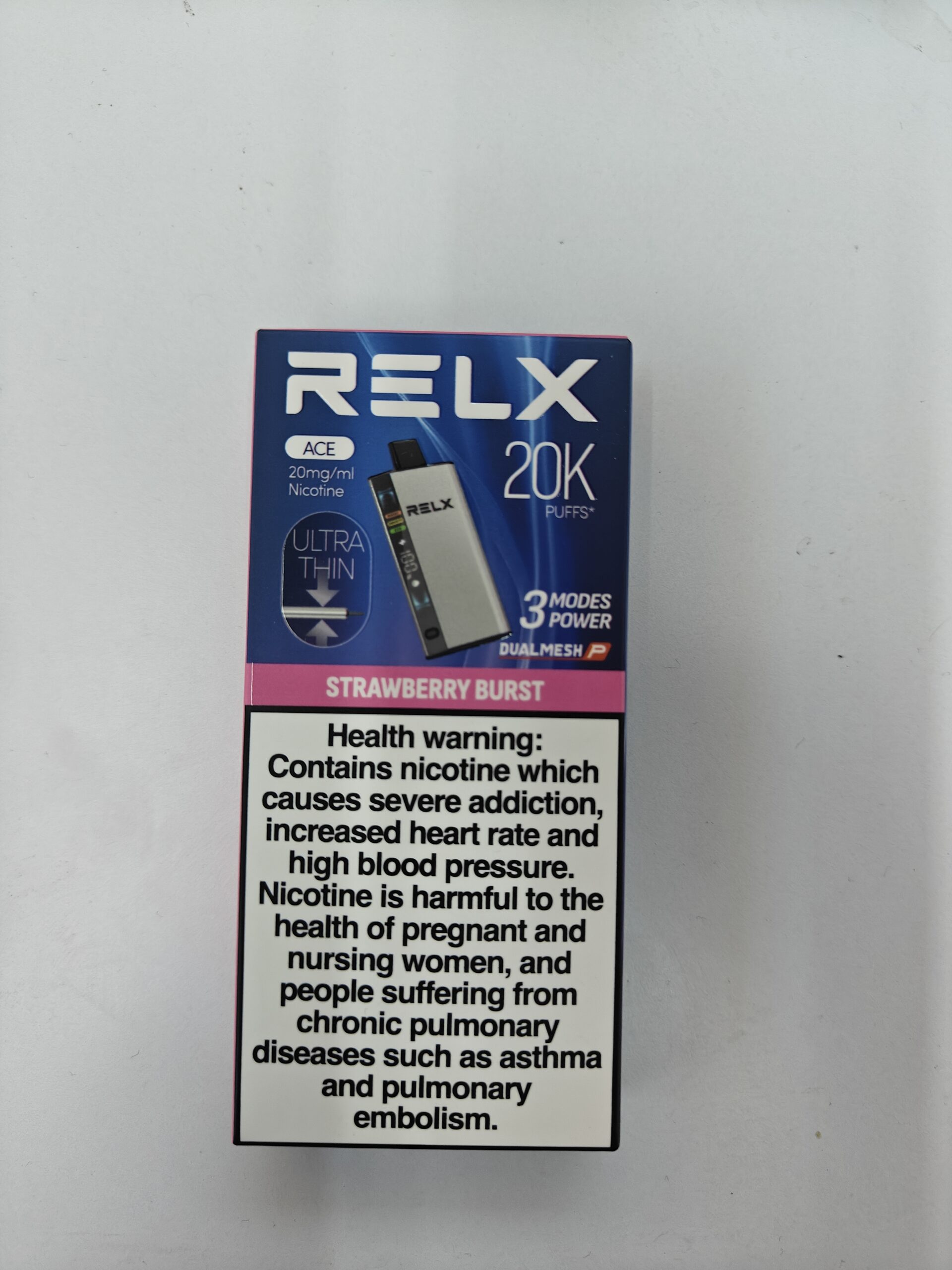 RELX Ace 20K disposable vape packaging in Strawberry Burst flavor.