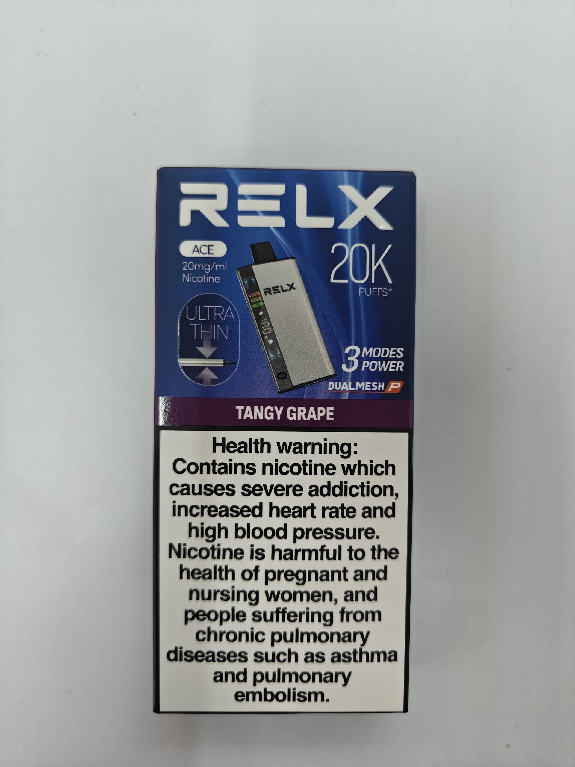 RELX Ace 20K disposable vape packaging in Tangy Grape flavor.
