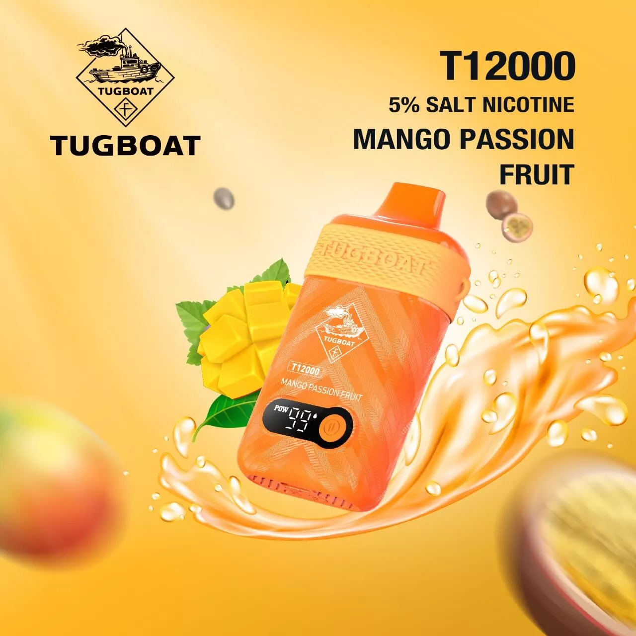 TUGBOAT T12000 disposable vape in Mango Passion Fruit flavor.