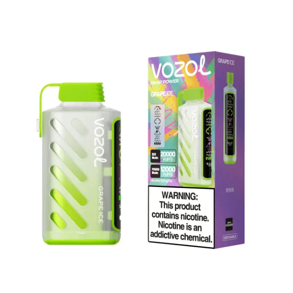 VOZOL GEAR POWER 20000/12000 disposable vape in Grape Ice flavor, shown with its packaging box.