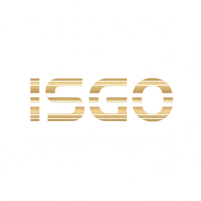 ISGO wordmark logo in gold horizontal stripes.